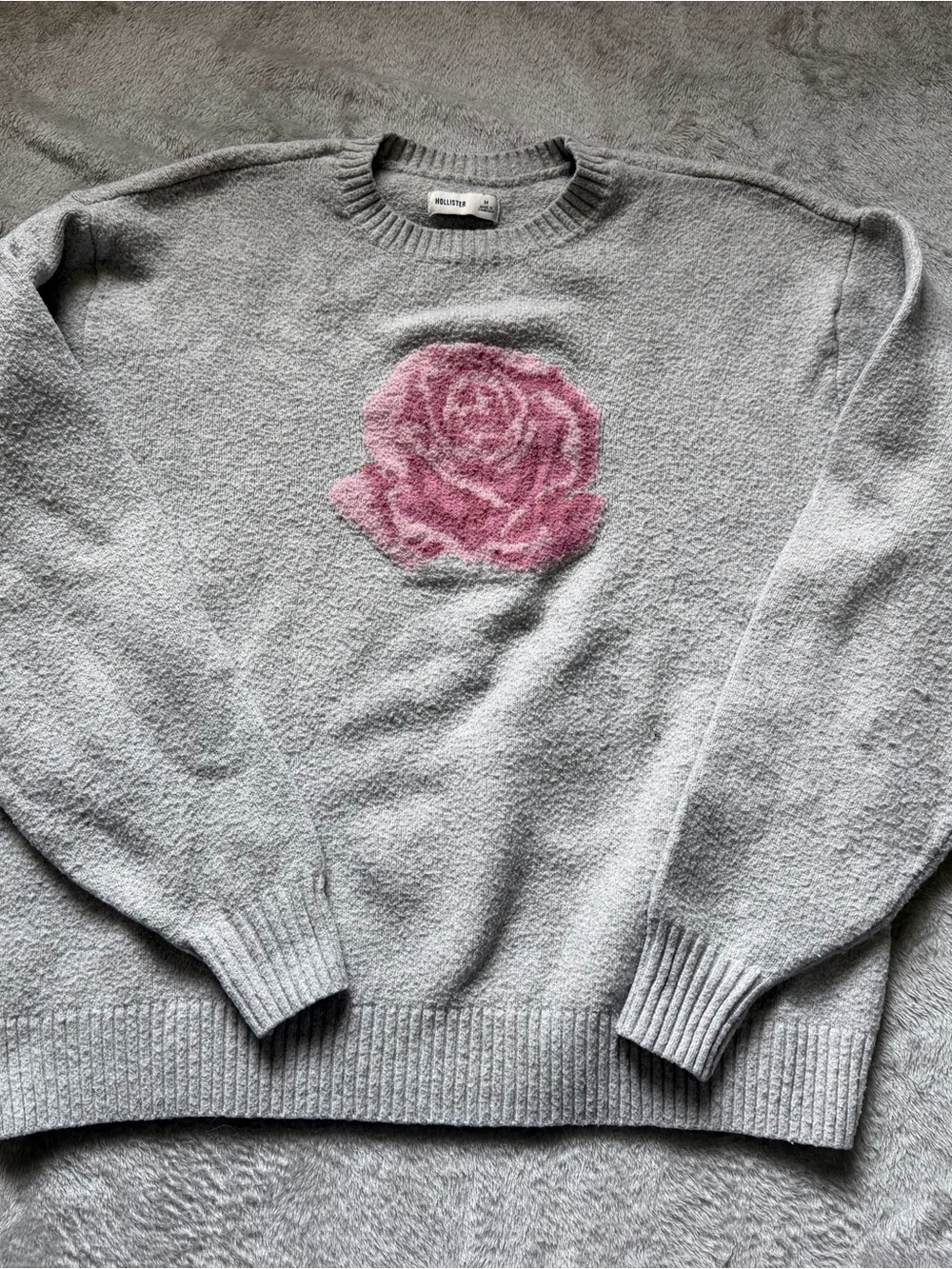 Hollister Gray Crewneck Sweater with Pink Rose Accent